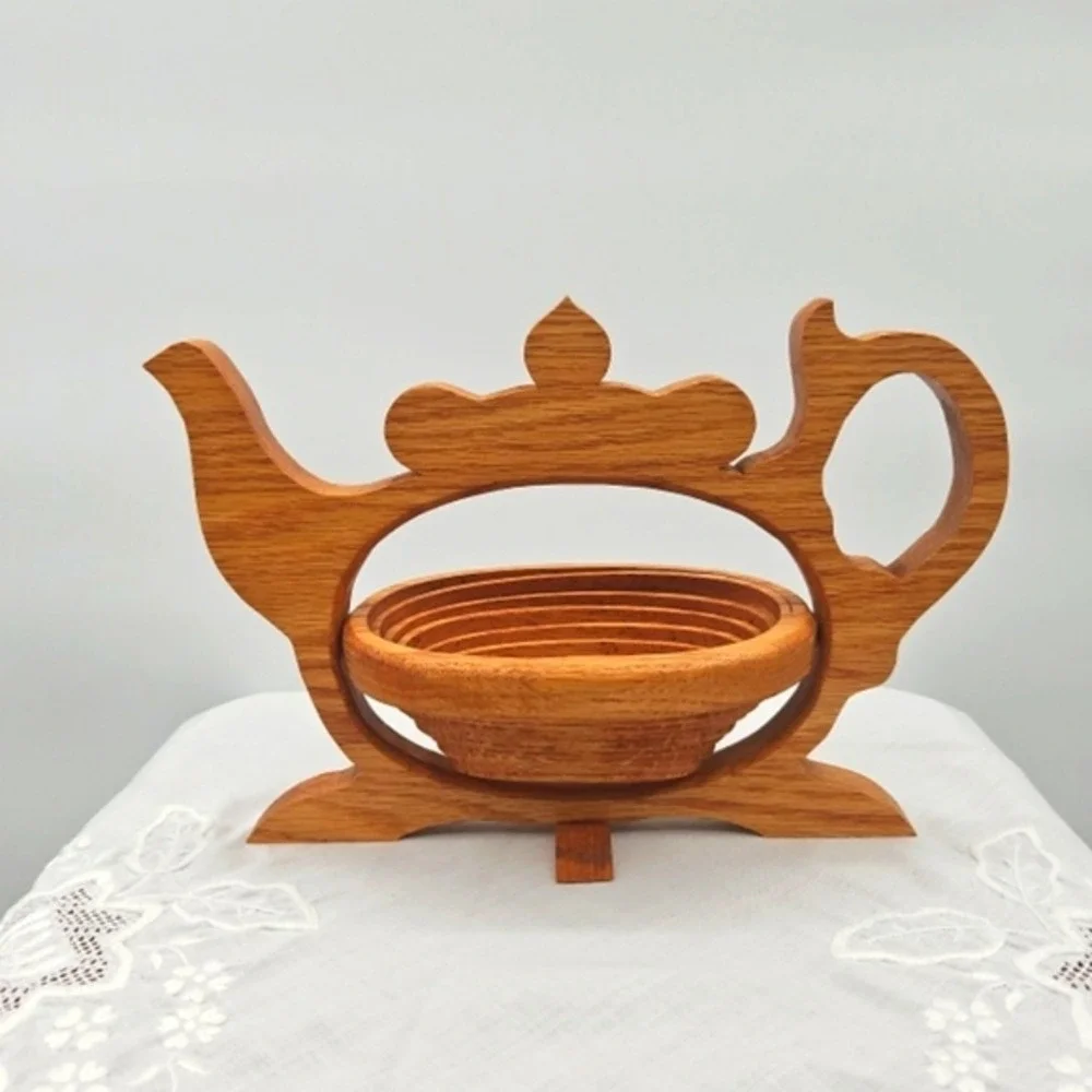 Handmade Oak Wood Teapot Folding Fruit Basket Collapsible Trivet‎ Kitchen Decor